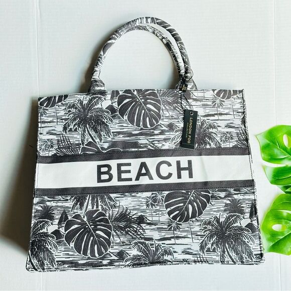 London Fog Beach Canvas Tote Bag - Black & White Tropical Palm NEW Ltd Edition - Picture 11 of 12